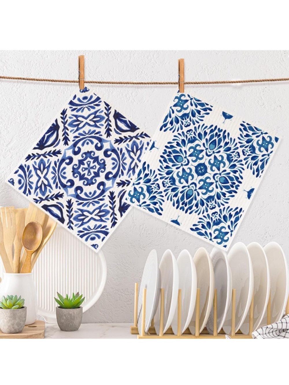 Bohemian Blue Floral Printed Swedish Dish Cloths Set of 2